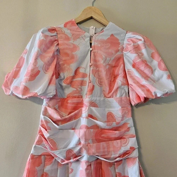 PrettyLittleThing Pink Swirl Print Pleated Waist Puff Sleeve Skater Mini Dress S - Picture 7 of 16